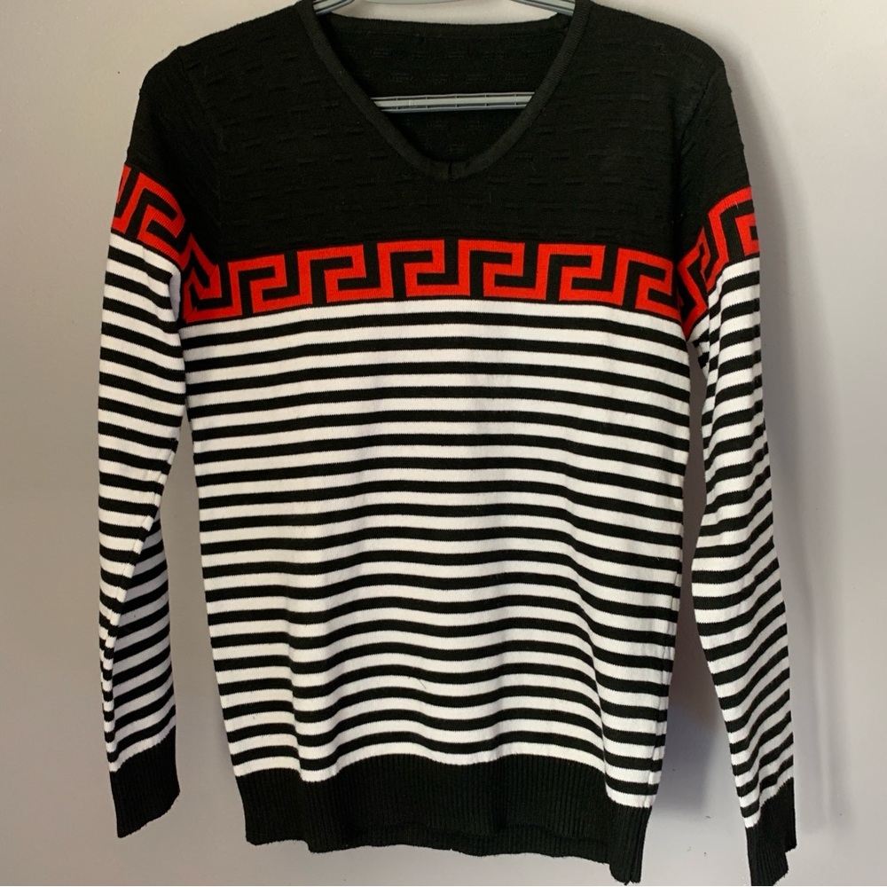 Black White Striped Greek Key V-Neck Sweater Men's Size Medium